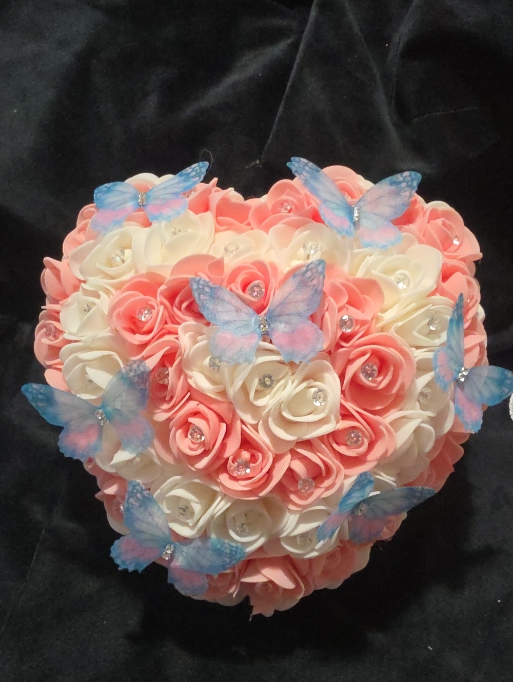 Heart-Shaped Rose Bouquet with Blue Butterflies - Pink & Cream